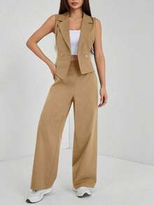 Conjunto de dos piezas para mujer, azul grisáceo, chaleco de traje y pantalones anchos.Tejido estructurado y cómodo, ideal para otoño, trabajo y looks elegantes casuales. - Marrón - Ver 5
