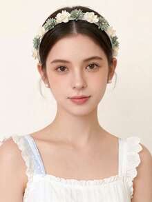 1件装女孩花朵发箍，优雅花朵头饰，饰以人造珍珠和水钻，绿白相间，适合春季、度假、节日、日常佩戴，自然风格婚礼发饰，青少年发夹 - 彩色 - 查看 2