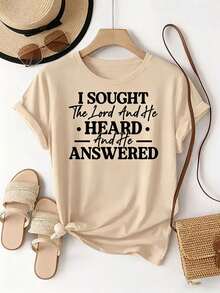 Printed With The Text Pattern "I Sought The Lord, And He Heard And Answered Me". Women's Casual Daily Crew Neck Short-Sleeve Fashion Sports T-Shirt With Printed Pattern, Comfortable To Wear; Women's Apricot Short-Sleeve T-Shirt - 杏色 - 查看 11