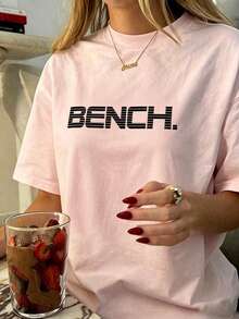 Áo thun in chữ BENCH, áo thun in họa tiết tối giản, áo tay ngắn phong cách đường phố thường ngày, áo thiết yếu mùa hè. - Hồng - Xem 6