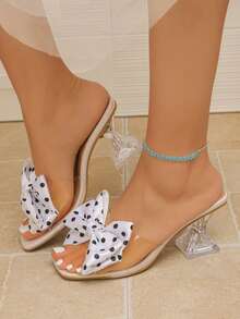 2024 Spring/Autumn New Rhinestone Pointed Toe Wrap-Around Strap Chunky Heel Roman Sandals For Women - Beige Polka Dots - View 5