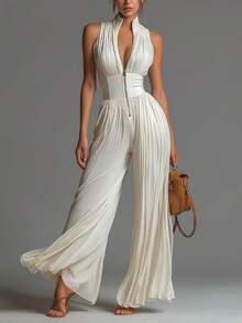 Women's Pleated Sleeveless High Neck Wide Leg Jumpsuit, Elegant Waistbanded Pleated Palazzo Jumpsuit, Formal Office Wear Sleeveless Pleated One-Piece Outfit, Casual Summer Pleated Wide Leg Jumpsuit - Milky - View 1