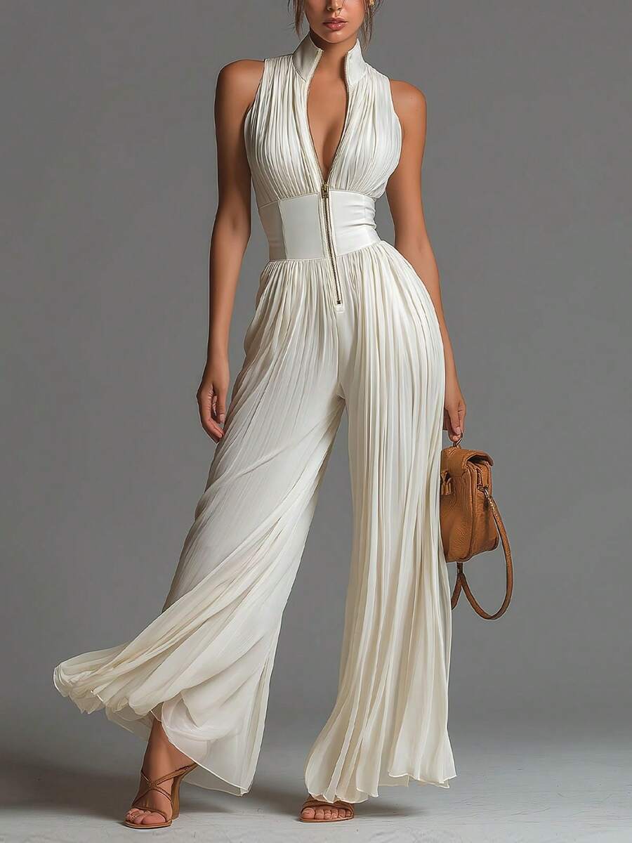 Women's Pleated Sleeveless High Neck Wide Leg Jumpsuit, Elegant Waistbanded Pleated Palazzo Jumpsuit, Formal Office Wear Sleeveless Pleated One-Piece Outfit, Casual Summer Pleated Wide Leg Jumpsuit - Milky - View 1