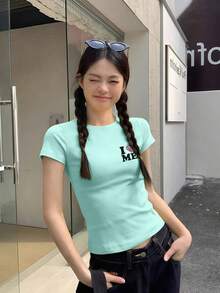 女士爱心字母印花常规肩短袖T恤，美式时尚独特夏季休闲上衣 - 薄荷綠 - 查看 2