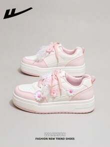 1 Pair WARRIOR Women's Thick Sole Lace-Up Soft Bottom Casual Shoes, Low-Top Outdoor Flat Shoes For Summer, Round Toe Low Heel Non-Slip Solid Color Elegant Soft Bottom Hiking Suitable For Students Graduation Photos Flat Shoes, Women Low-Top Leather Sneakers - Rice Flour - View 3