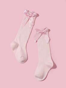 1 Pair Cotton Girls/Toddlers Bow Solid Color Knee High Socks, School Style - Pink - View 6