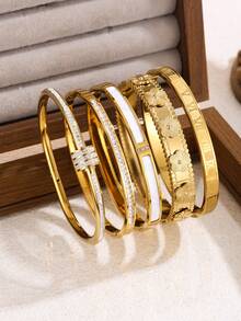 1/5pcs 18K Gold Plated Stainless Steel Heart Crystal Bracelet, 14K Gold Copper Cubic Zirconia Open Cuff Bracelet, Fashionable Daily Wear, Holiday Gift, Durable Beach Resort Accessory - Gold - View 6