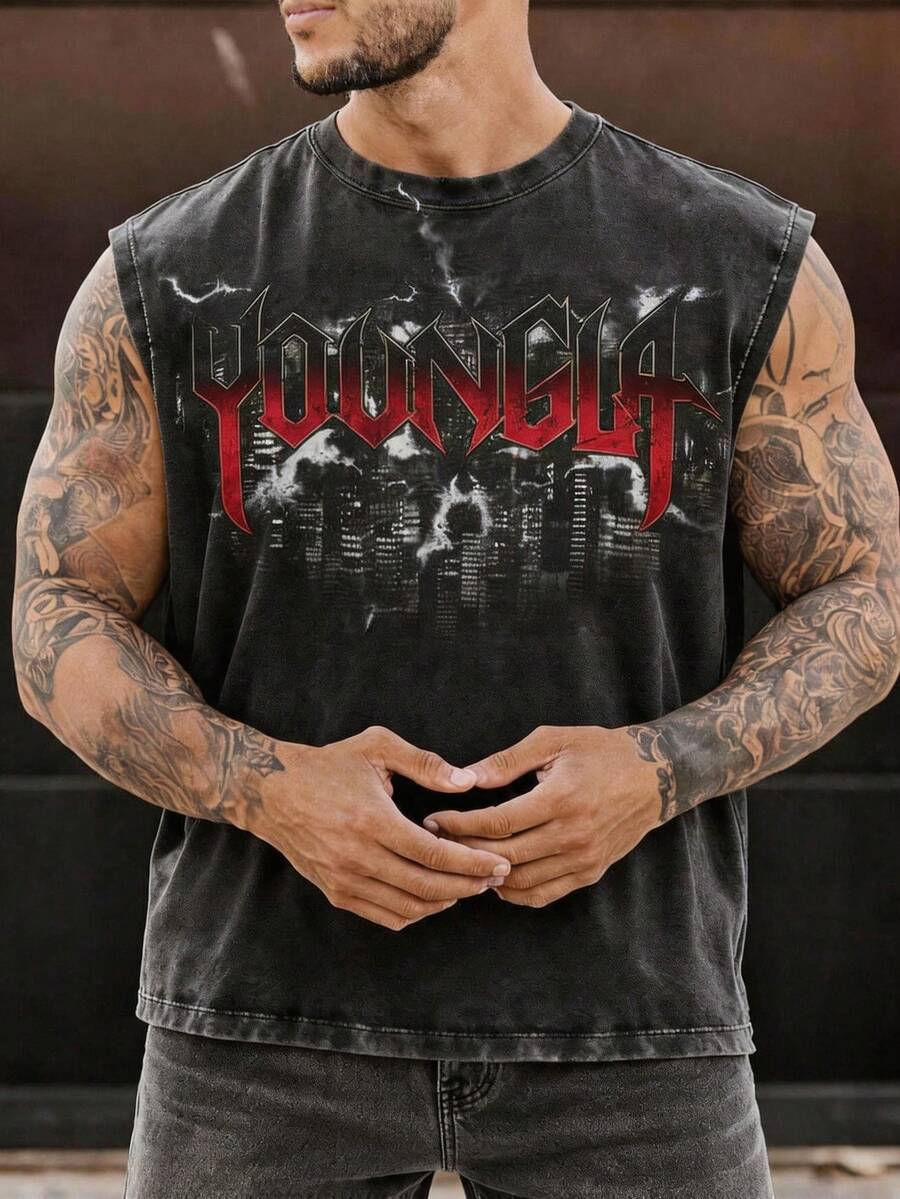 Men's Printed Vintage Washed Vest, Loose Fit, Casual Street Style, A Must-Have Item For Street Wear And The Gym. - 黑色1 - 查看 1
