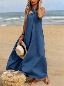 1pc Solid Color Elegant Metal Button Decor Dress, Suitable For Beach, Spring/Summer - Navy Blue - View 5