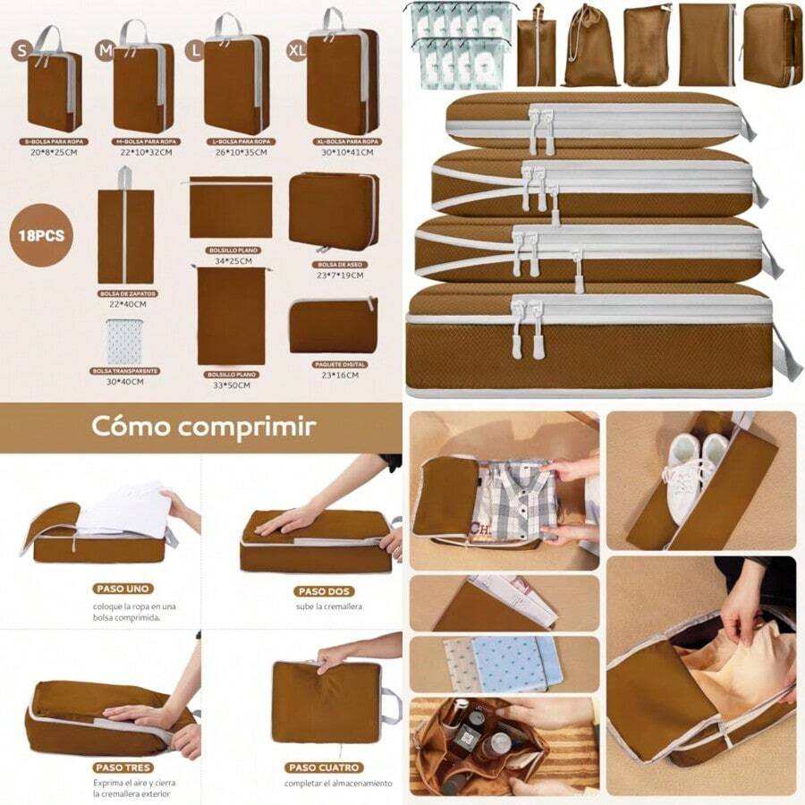 Bolsa Organizador de Viaje para Compresión TOTEBAG 18PCS Bolsas de Viaje Organizador Impermeable Bolsas para Viaje Organizadoras para Maletas Cosméticos de bolsas organizadoras - marrn - Ver 1