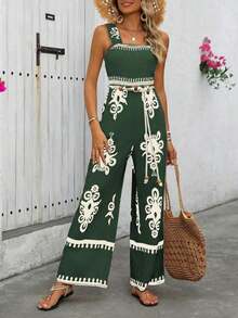 Women's Vacation Casual Sleeveless Printed Wide Leg Jumpsuit - 墨綠色 - 查看 7