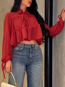 女款優雅休閒襯衫，不對稱設計，翻領領結燈籠袖寬鬆襯衫，純色梭織面料百褶下擺，辦公室女妖紅 - 紅色 - 查看 7