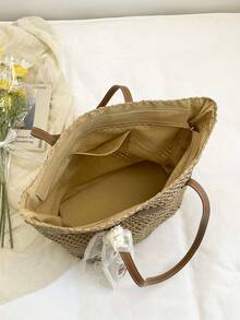 Summer Bohemian Style Tote Bag, Women Large Capacity Beach Shoulder Woven Straw Bag - Khaki - View 4