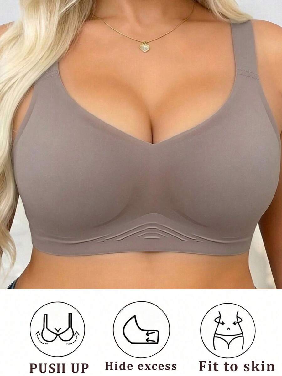 1pc Seamless Wireless Bra For Women, Lift-Up, Soft Support, V-Neck Bra With Wide Straps, Comfortable, Non-Slip, Adjustable, Plus Size Sports Bra - Purple - View 1