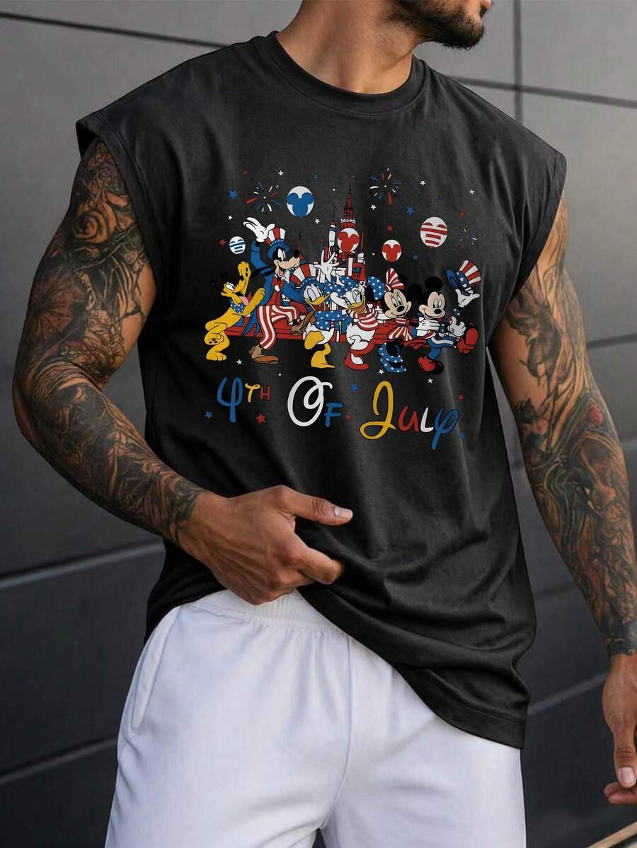 Disney Official Mickey Mouse 4th Of July Sleeveless T-Shirt Men, Patriotic Statue Of Liberty Mickey Independence Day Tank Top, Casual Graphic Tee - 黑色 - 查看 1