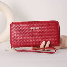 Long-Style Fashionable Zippered Multifunctional Large-Capacity Wallet Woven Card Holder Clutch Bag - Black - View 10