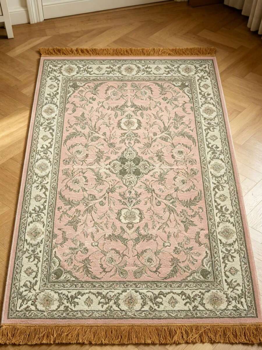 1件粉色波斯风格流苏祈祷垫，图案地毯，波西米亚风地毯，精致设计垫，流苏边垫 - 彩色 - 查看 1