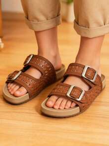 Brown Hollow Breathable Kids Slides, Double Metal Buckle Anti-Slip Sole, Vintage Home Casual Sandals - Brown - View 7