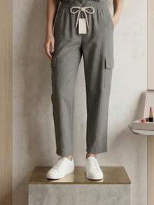 Pantalon Cargo De Cintura Elastica con Cordon- Estilo Minimalista Casual   Casual    Material Compuesto    Cordón    Pantalon dama   Todo el año - Gris - Ver 4