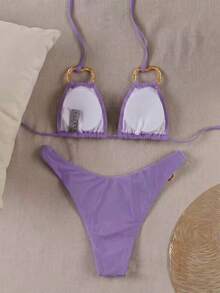Bộ bikini hai mảnh màu tím đậm với dây buộc cổ và vòng kim loại, kiểu dáng tam giác gợi cảm, thích hợp cho kỳ nghỉ theo phong cách châu Âu và Mỹ. - Màu tím - Xem 3