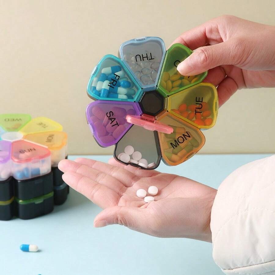 7-Day Portable Pill Case, 7 Compartments Design To Store Tablets, Capsules, Supplements, Flower Petal Shaped - View 1