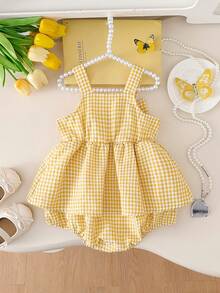 Pelele sin mangas con estampado de cuadros, decoración de lazo 3D y diseño de botones para niñas bebé, adecuado para salidas diarias en primavera y verano - Amarillo - Ver 3