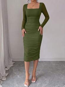 PRETTYGARDEN Women Midi Dresses Fall  Long Sleeve Ruched Bodycon Homecoming Cocktail Wedding Guest Dress New Years  Party Valentine  Vacation Outfits Spring Dresses For Women Vestidos Elegantes De Mujer - 軍綠色 - 查看 4