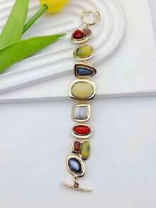 1pc European And American Retro Style Zinc Alloy Inlaid Multicolor Geometric Resin Gemstones Simple And High-End Vintage Bracelet, Suitable For Women, Casual And Vacation, Memorial Day Gift - 多色 - 查看 6