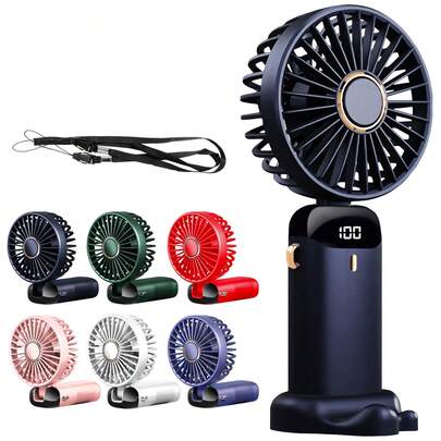 Handheld Mini Electric Fan Portable Rechargeable Foldable Desk Fans With Base 5 Speeds Digital Display 90° Adjustable Neck Fan Hands Free Body Cooling Device For Office Kitchen Outdoor Travel