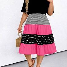 Plus Size Round Neck Short Sleeve Color Block Striped Polka Dot Printed A-Line Dress With Ruffled Hem Design, Elegant Women Outfit, For Summer - Rosa - Ver 2