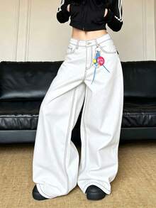 1pc Women's American Street Style Vintage Wide Leg Loose Minimalist All-Season Denim Jeans Long Pants Casual White - White - View 2