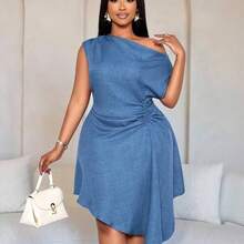Women's Elegant Solid Color Asymmetric Collar Side Drawstring Ruched Fashion Linen-Like Fabric Dress Baby Blue Casual Dress For Women Deeka Chic Dresses For Women High Quality Dress New Arrival Dress For Women Casual - Albaricoque - Ver 3