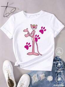 Camiseta casual para mujeres con diseño de leopardo rosa, tejido suave, corte holgado, cuello redondo y mangas cortas. Ideal para la primavera y el verano, combinación diaria, estilo sweatshirt, versátil y moderno.-Vintage Street Style Unisex Loose Cotton Short Sleeve Crew Neck T-Shirt - Blanco - Ver 3