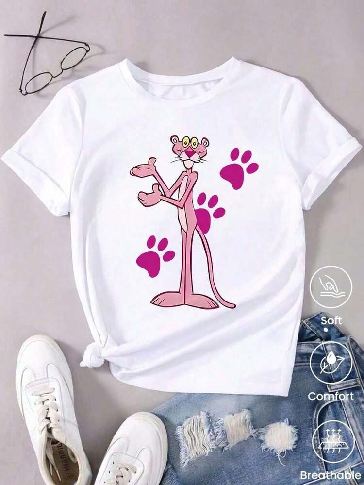 100% Cotton Casual T-Shirt For Women With Pink Leopard Print, Soft Fabric, Loose Fit, Round Neck And Short Sleeves. Ideal For Spring And Summer, Everyday Wear, Sweatshirt Style, Versatile And Fashionable. - White - View 3