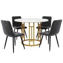 Dining Table Set (5 Pieces), Dining Table Set With 4 Chairs, Modern Kitchen Dining Table Set, 80cm Diameter Round Kitchen Table With Gold Metal Legs, MDF Tabletop With Marble Effect, Grey Dining Chairs - Gold - View 4