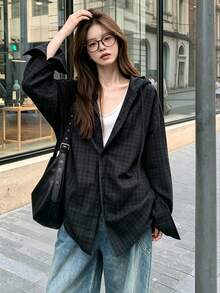 2025 格紋印花休閒女款長袖鈕扣連帽襯衫 黑色 - 黑色 - 查看 4
