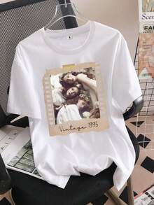 Imágenes/Texto de Películas Retro Personalizadas, Notas Adhesivas Personalizadas, Regalos para Seres Queridos, Camiseta Casual de Manga Corta y Cuello Redondo, Camiseta Personalizada, Cómoda y Transpirable - [Blanco] - Ver 1