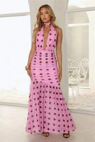 Women's Sexy Polka Dot Halter Long Dress Sleeveless Bodycon Fit And Flare With Ruched Details, Elegant And Stylish For Summer Events - màu nâu - Xem 8