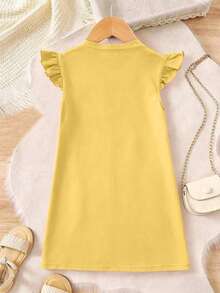 1pc Girls' Ruffle Sleeve Dress, Featuring "NOVA BEAT" Korean Style Graphic Print, Soft & Comfortable Fabric, Suitable For Daily Wear, Casual Outings, And Spring/Summer Gatherings - Yellow - View 6