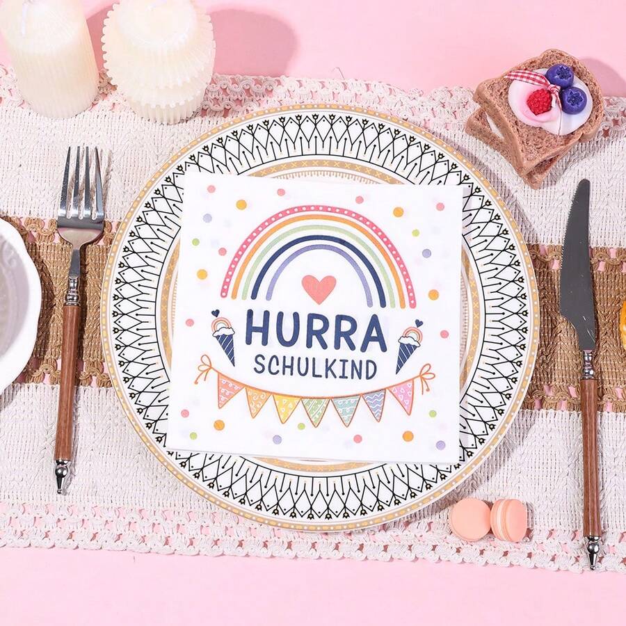 20/40/60Pcs,Hurra Schulkind Rainbow Printed Disposable Napkins,German School Enrollment Cocktail Napkins Designed With Rainbow,Triangle Bunting,Candy Cone,Heart And More Elements,13*13 Inch, 2-Ply Thick Campus Themed Decorative Tissues For Primary School Opening Celebrations,Birthday Parties And Dessert Table Decorations - Multicolor - View 1
