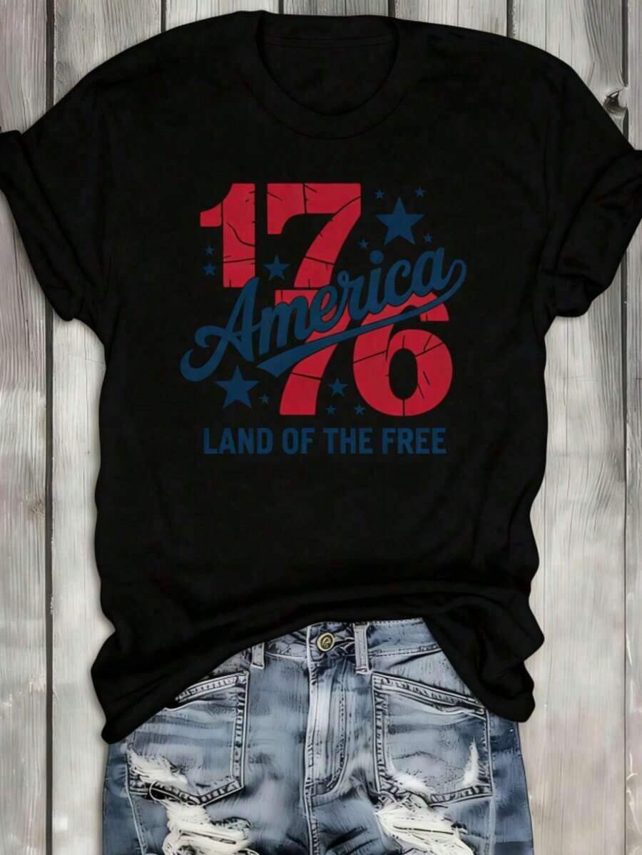 1 camiseta American Freedom 1776, camiseta blanca de cuello redondo, camiseta de mujer America 1776 – Camiseta vintage con efecto desgastado y gráfico de estrellas, cuello redondo, top casual para el 4 de julio. | Moda Urbana Local de Primavera/Verano | | Uso Casual Diario Primavera Verano Moderno Moldeador | Conjunto de verano para mujer, ropa para vacaciones | Blusas elegantes para mujer, ropa de primavera, blusas de verano. - Negro - Ver 1