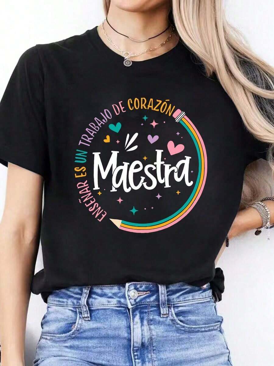 2026 Women's Casual Short Sleeve T-Shirt - Vibrant Yellow Spanish "Maestra" Teacher Appreciation Design With Hearts & Stars, Breathable Round Neck Spring Summer Top, Machine Washable Teacher T-Shirt Everyday Top, Graphic Print Tee, Stretch Material, Printed Top, Staff T-Shirt - 黑色 - 查看 1