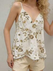 Camisetas de tirantes para mujer con escote en V profundo, sin mangas, con lentejuelas y bordado floral, dobladillo con borlas y estilo fluido para el verano. - Blanco - Ver 2