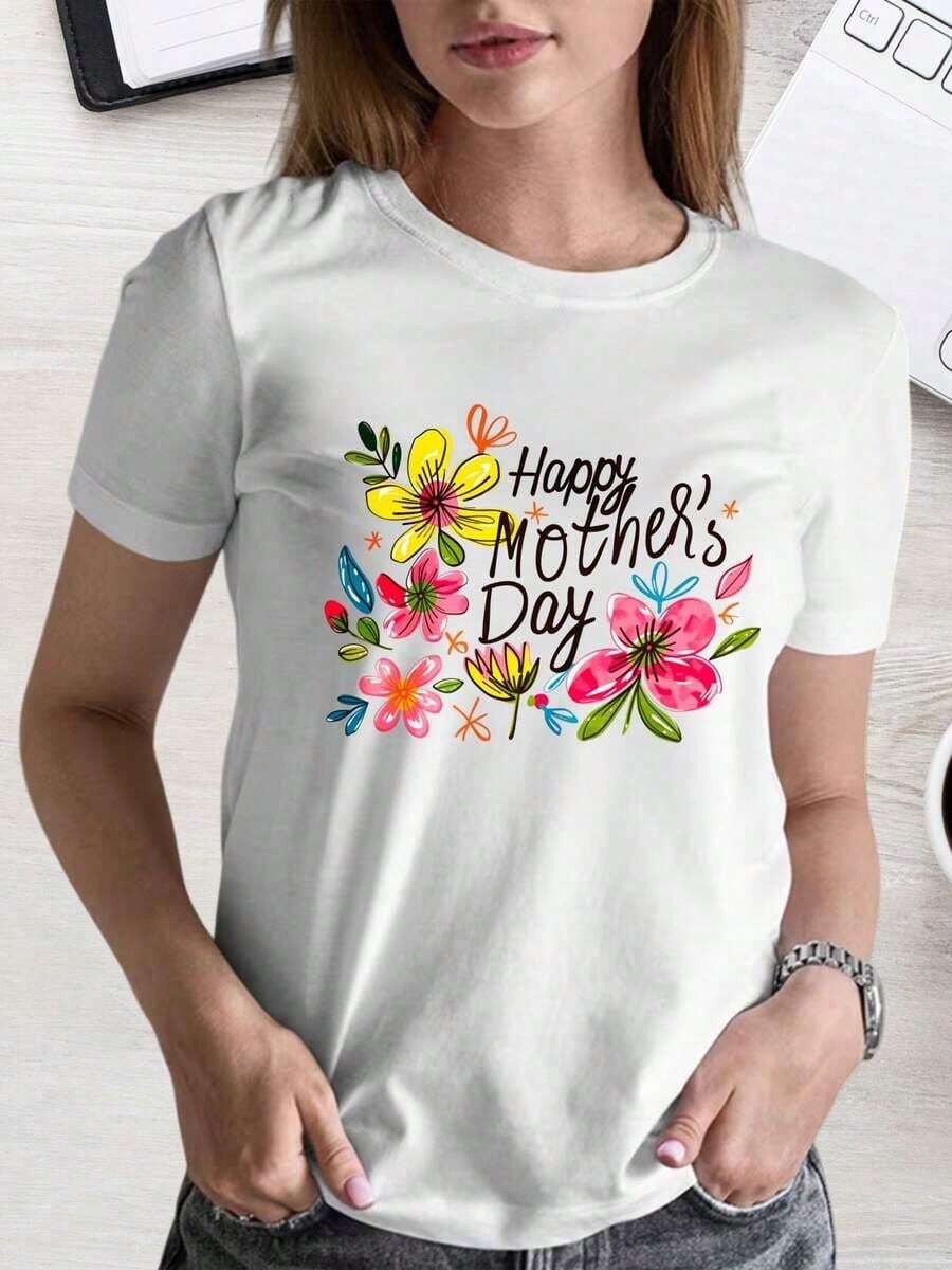 Casual Style Women's T-Shirt "Happy Mother's Day" Floral Design Spring Summer Gift For Mom 220g Summer - White - View 1