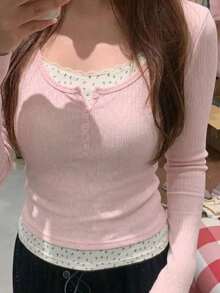 2-In-1 T-Shirt Women, Sweet & Spicy Ditsy Floral Knit Casual Commuter Versatile Top Spring - Baby Pink - View 3