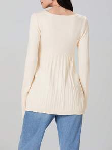 Blusa tipo túnica con cuello cuadrado y botones de manga larga de color liso para mujer, otoño - Blanco - Ver 8