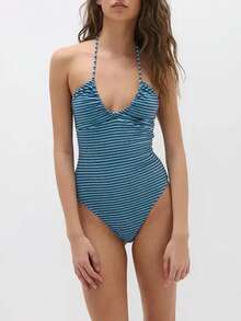 Women's Striped Strapless One Piece Swimsuit Ruched Drawstring Keyhole Cutout Bathing Suit - Blue - View 4