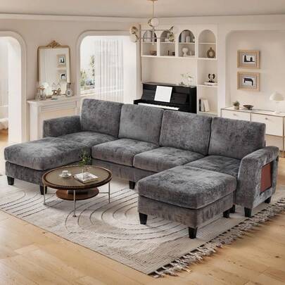 Sofá Modular en Forma de U de 118" con 4 Asientos, con Puertos USB Tipo C, Mesa Lateral Plegable y 2 Reposapiés, para Sala de Estar, Color Gris
