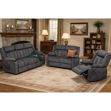Juego de sofás reclinables LUCKLIFE con reclinadores manuales, conjunto de muebles para sala de estar con sofá reclinable, sillón de dos plazas y sillón individual, tapicería de tela transpirable, cojines gruesos y diseño ergonómico, gris oscuro (3+2). - 3+2+1 - Ver 2