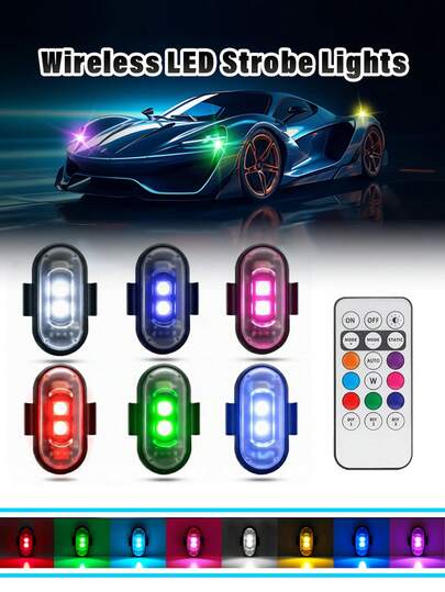 2/4/6pcs Wireless LED Flashing Light Strip With Remote Control, Mini 8-Color USB Rechargeable Collision-Proof LED Emergency Warning Light For Car, Motorcycle, Drone, Airplane, Bicycle